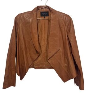 Lafayette 148 New York Cognac Brown Leather Open Front Drape Jacket Size M
